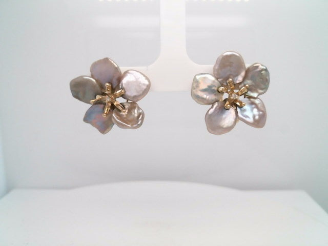 Vintage 14 Karat Yellow Gold Grey Freshwater Pearl & Diamond Flower Earrings