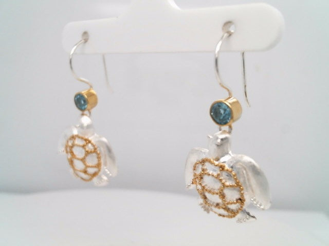 Sterling Silver And 22 Karat Gold Vermeil Drop/Dangle Sea Turtle Earrings With 2 Round Blue Topaz