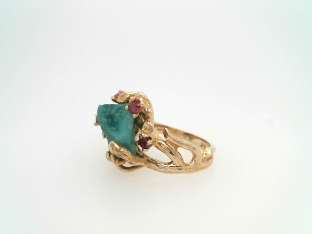 Vintage 14 Karat Yellow Gold Rough Lab Grown Emerald Ring With Ruby Accents, Floral Motif Mounting With Leaves & Branches