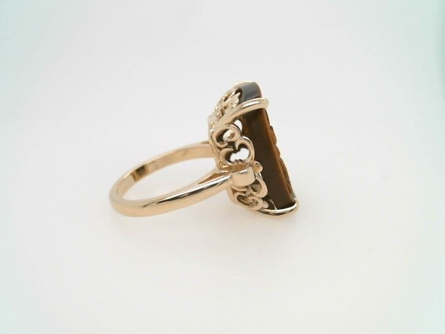14 Karat Yellow Gold Cushion Shaped Carved Tiger's Eye Cameo Ring With Fleur De Lis Details