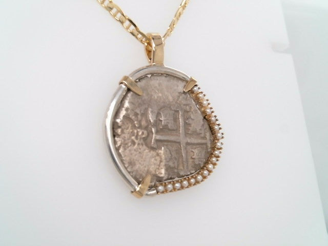 14 Karat Yellow Gold & Sterling Silver 2 Reales Spanish Coin Pendant With Seed Pearls