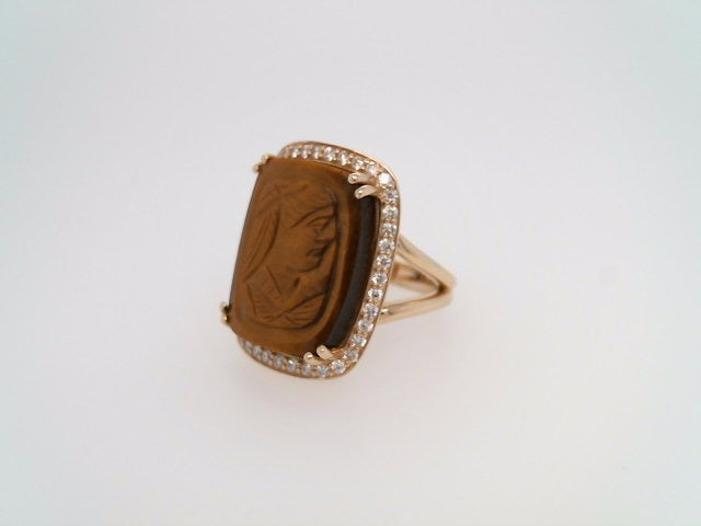 14 Karat Yellow Gold Carved Tiger's Eye Intaglio Ring With Diamond Halo