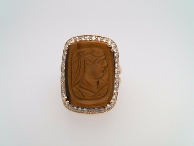 14 Karat Yellow Gold Carved Tiger's Eye Intaglio Ring With Diamond Halo
