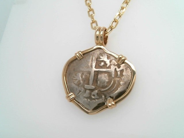 Silver 2 Reale Coin Prong Set In 14 Karat Yellow Gold Bezel Pendant
D