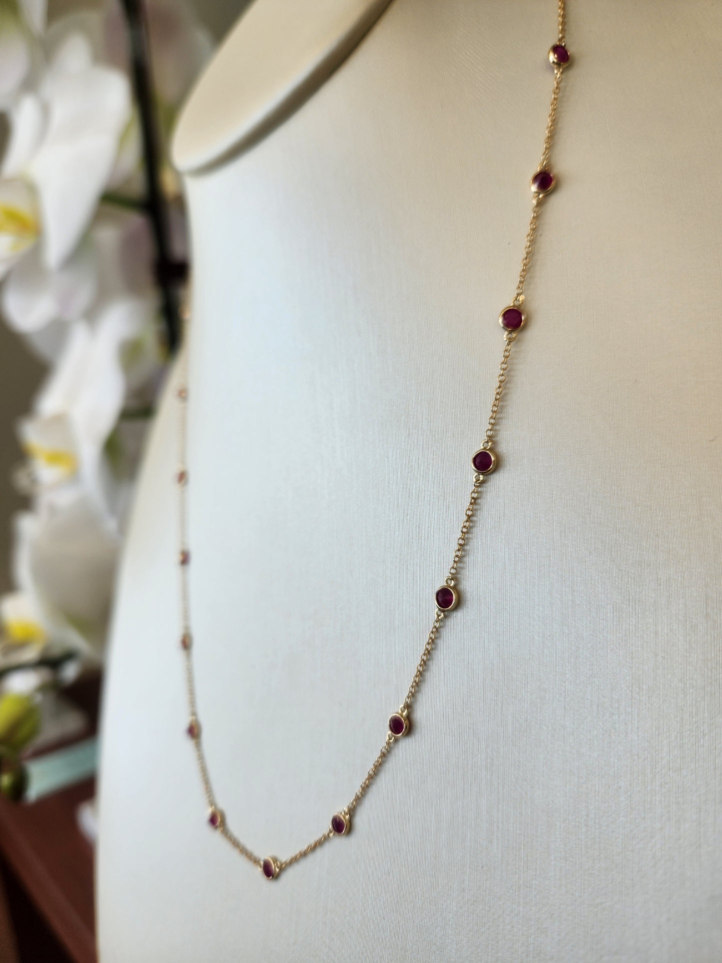 14 Karat Yellow Gold Bezel Set Ruby "By The Yard" Style Necklace 16-18