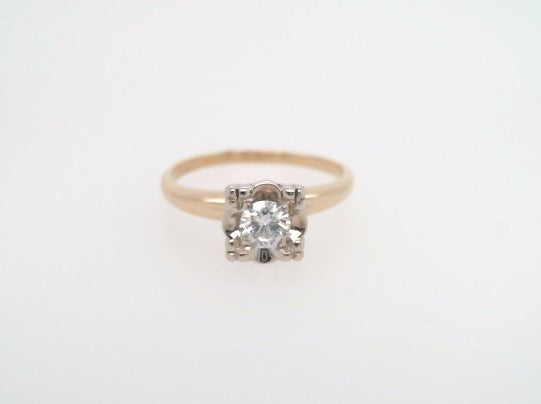 Vintage 14 Karat Yellow & White Gold Diamond Solitaire Ring With Fishtail Style Illusion Setting