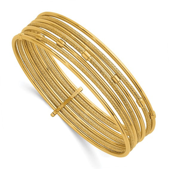14 Karat Yellow Gold 7 Row Polished and Textured Slip On Bangle Bracelet