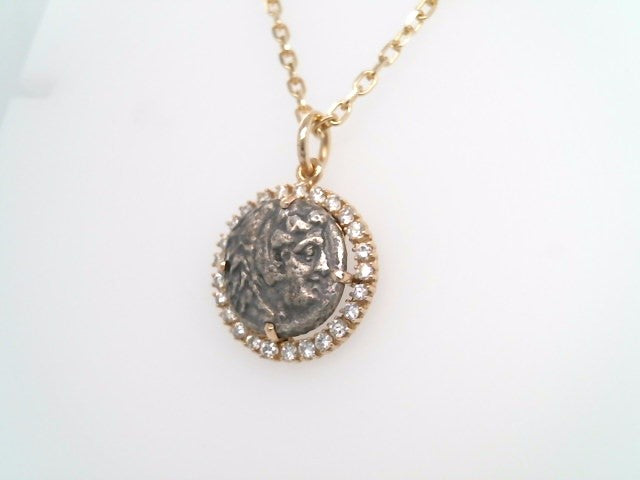 14 Karat Yellow Gold & Silver Macedonian Drachm Coin Pendant With Diamond Bezel