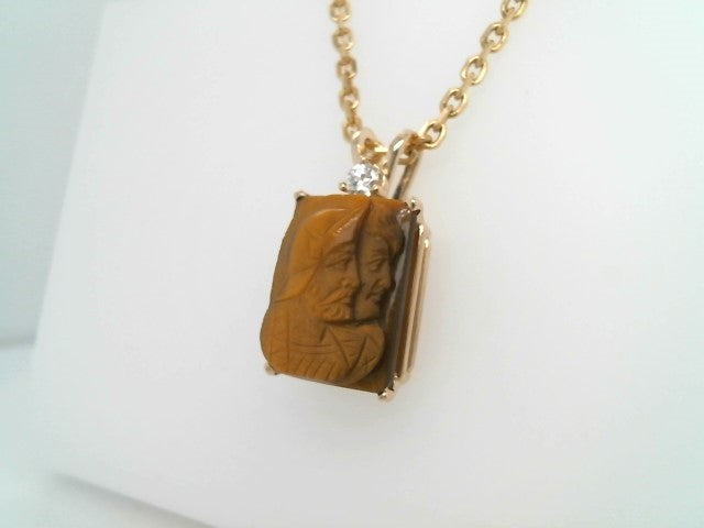 14 Karat Yellow Gold Rectangular Carved Tiger's Eye Inaglio Pendant With Diamond Accent