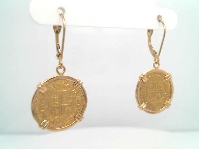 Portuguese Gold 400 Reis Coin Dangle Earrings Prong Set In 14 Karat Yellow Gold Bezel