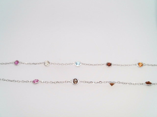 Sterling Silver Bezel Set Multi Gem "By The Yard" Style Necklace 18" With A Loop At 16" And 17" For Adjustable Length