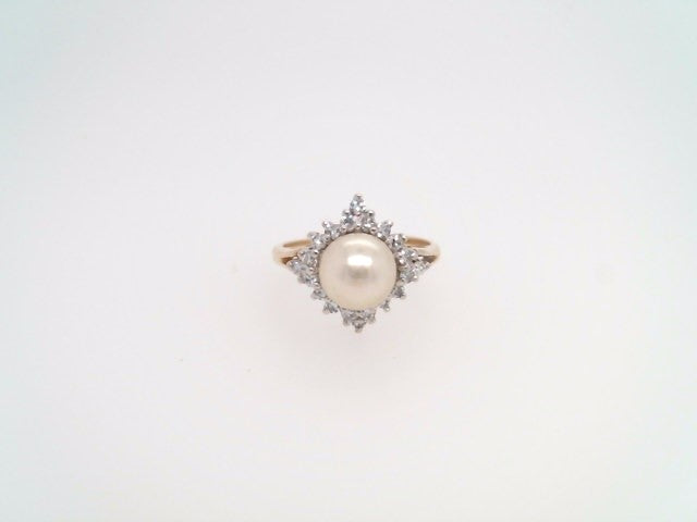 Vintage 14 Karat Yellow Gold White Akoya Pearl & Diamond Ring