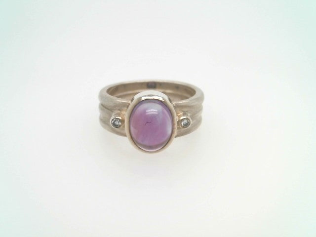 Sterling Silver "Orbit" Cabochon Amehtyst Ring With Diamond Accents