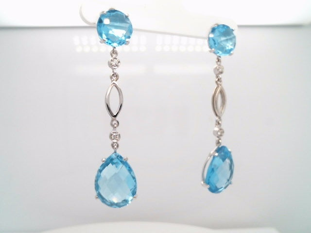 14 Karat White Gold Sky Blue Topaz & Diamond Long Dangle Earrings