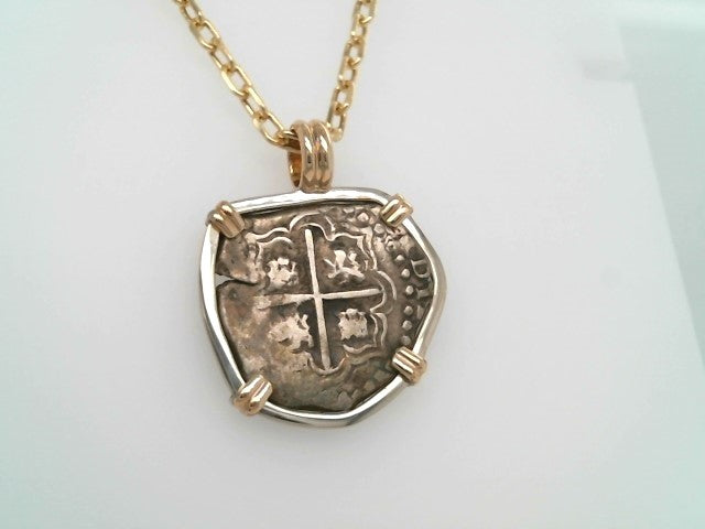 Silver 2 Reale Coin Pendant Prong Set In Sterling Silver Bezel With 14 Karat Yellow Prongs