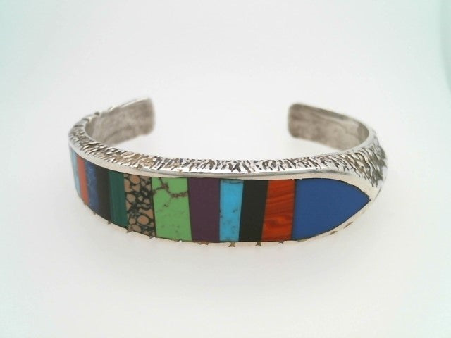 Vintage Handmade Navajo Sterling Silver Multi Gem Inlay Cuff Bracelet
