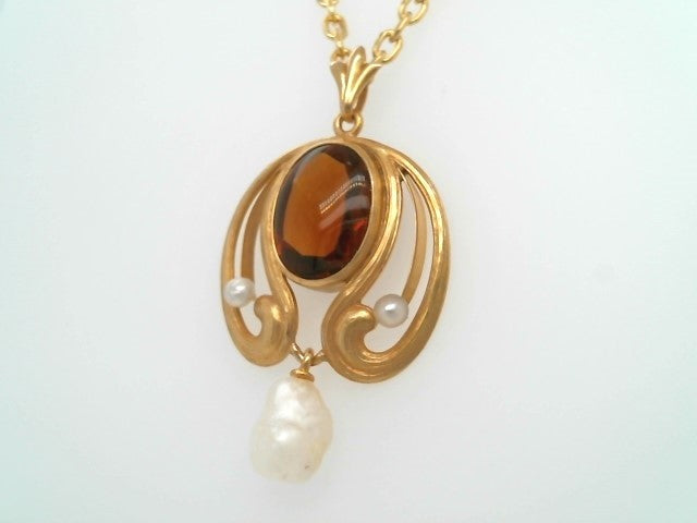Antique 14 Karat Yellow Gold Art Nouveau Madeira Citrine & Pearl Lavalier Style Pendant
