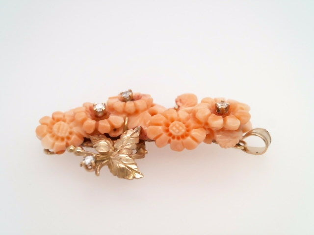 Vintage Handmade 14 Karat Yellow Gold Carved Multi Floral Coral Pendant With Diamond Accents