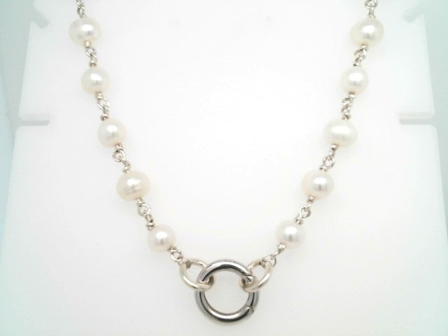 Sterling Silver 8 Mm White Freshwater Pearl Link Chain Necklace With Opening Circle Bail Clasp, 18"
