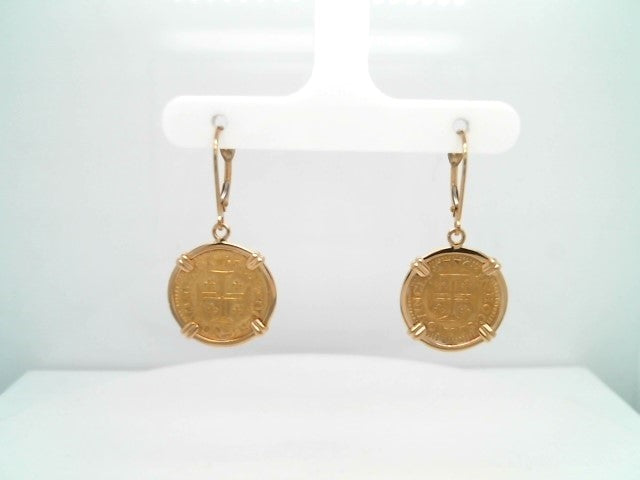 Portuguese Gold 400 Reis Coin Dangle Earrings Prong Set In 14 Karat Yellow Gold Bezel