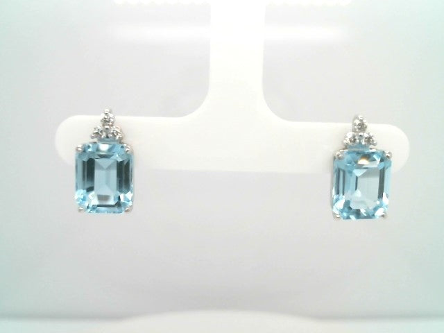 14 Karat White Gold Emerald Cut Blue Topaz & Diamond Stud Earrings