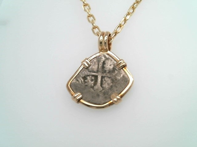 Silver 2 Reale Coin Prong Set in 14 Karat Yellow Gold Bezel Pendant
D