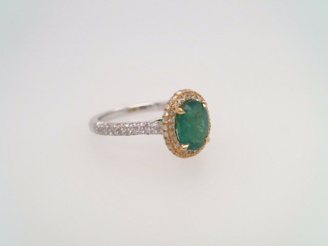 18 Karat White & Yellow Gold Oval Emerald With Diamond Accents Halo Style Ring