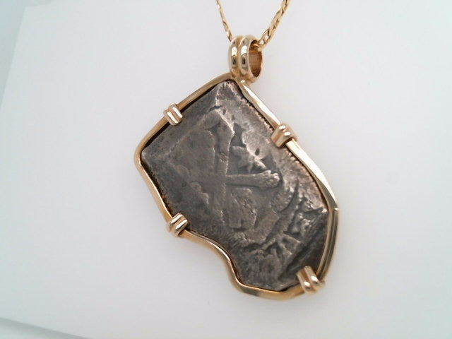 Silver 1715 Fleet Phillip V 4 Reales Coin Set In Prong Set In 14 Karat Yellow Gold Bezel Pendantt