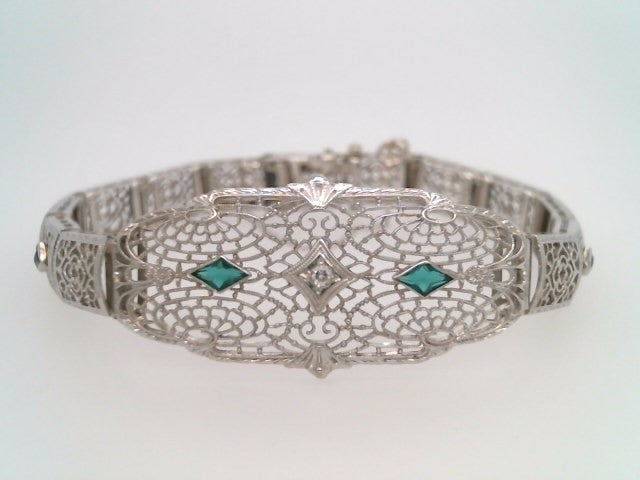 Antique Early Art Deco 10 Karat White Gold Filigree Diamond & Synthetic Emerald Bracelet 7"