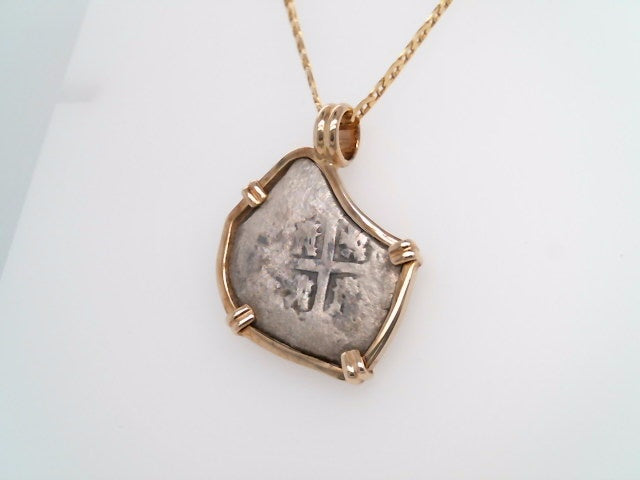 Sterling Silver Phillip V 2 Reales Coin Set In Prong Set In 14 Karat Yellow Gold Bezel Pendant