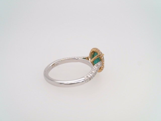 18 Karat White & Yellow Gold Oval Emerald With Diamond Accents Halo Style Ring
