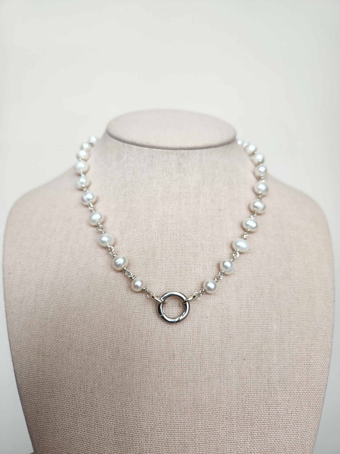 Sterling Silver 8 Mm White Freshwater Pearl Link Chain Necklace With Opening Circle Bail Clasp, 18"