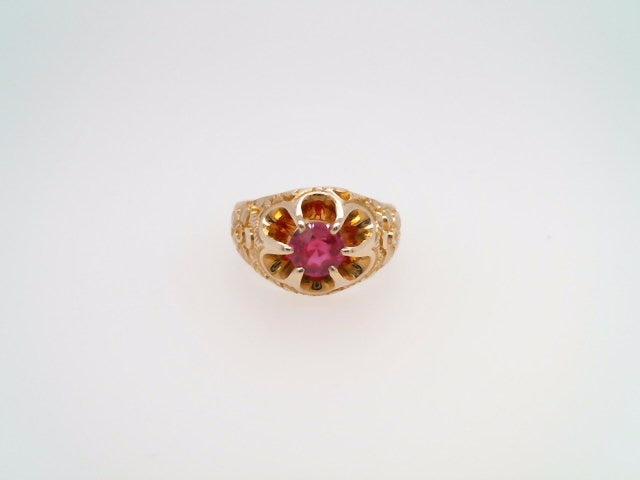 Vintage 10 Karat Yellow Gold 6 Prong Buttercup Style Imitation Ruby Ring With Flowers Engraved On Shoulders