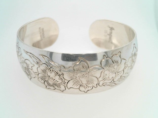 Vintage Sterling Silver "Daffodil" Etched Cuff Bangle Bracelet, Signed S. Kirk & Sons, Jonquil