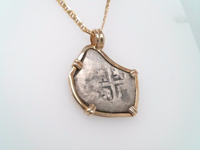 Sterling Silver Phillip V 2 Reales Coin Set In Prong Set In 14 Karat Yellow Gold Bezel Pendant