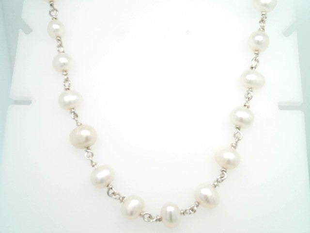 Sterling Silver 8 Mm White Freshwater Pearl Link Chain Necklace With Opening Circle Bail Clasp, 18"