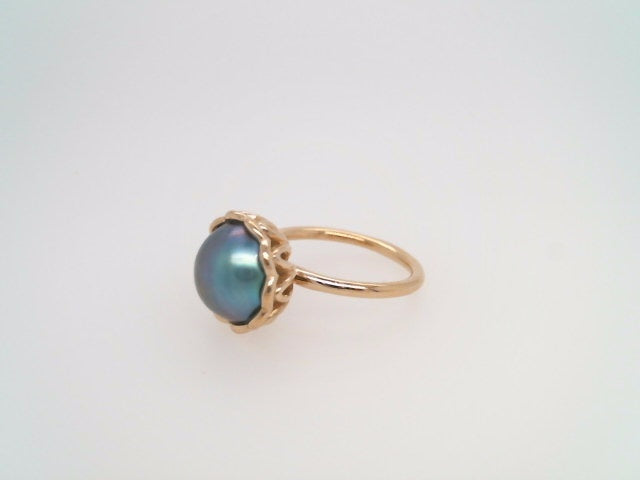 Vintage 14 Karat Yellow Gold 11 Mm Bluish Grey Mabe Pearl Ring With Scalloped Style Setting