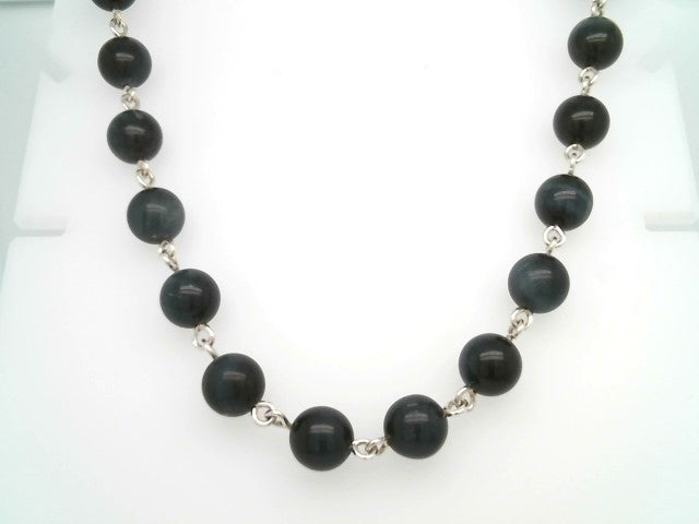 Sterling Silver 8.5 Mm Gray Blue Tiger's Eye Bead Link Chain Necklace With Opening Circle Bail Clasp, 19"