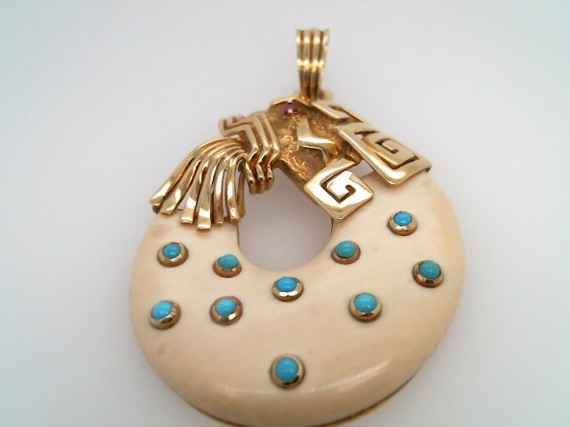 Vintage 18 Karat Yellow Gold "Ouroboros" Snake Pendant/Pearl EnhancerMade Out Of Inlaid Bone And Turquoise With Ruby Eye.