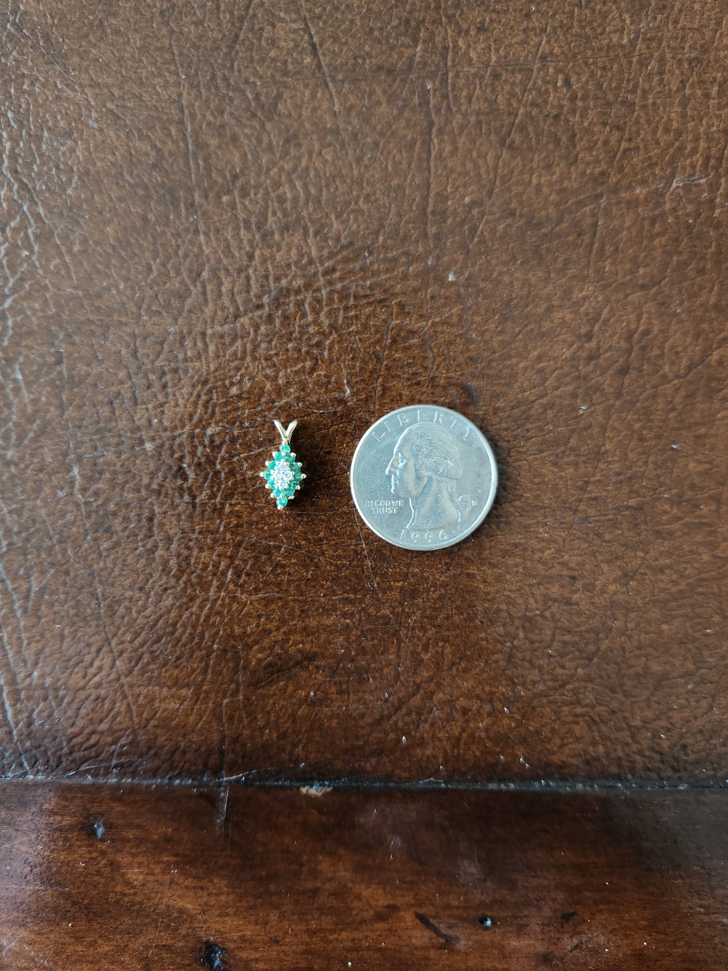 Vintage 14 Karat Yellow Gold Diamond Shaped Emerald & Diamond Cluster Pendant