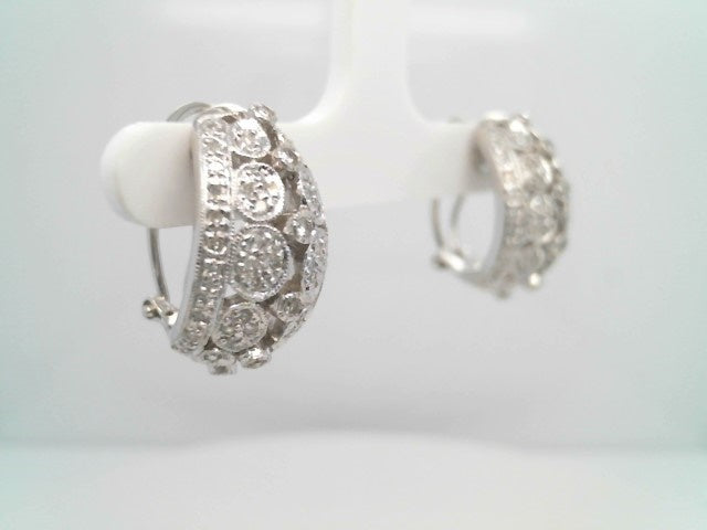 Vintage 18 Karat White Gold 1/2 Hoop Openwork Diamond Earrings With Omega Backs