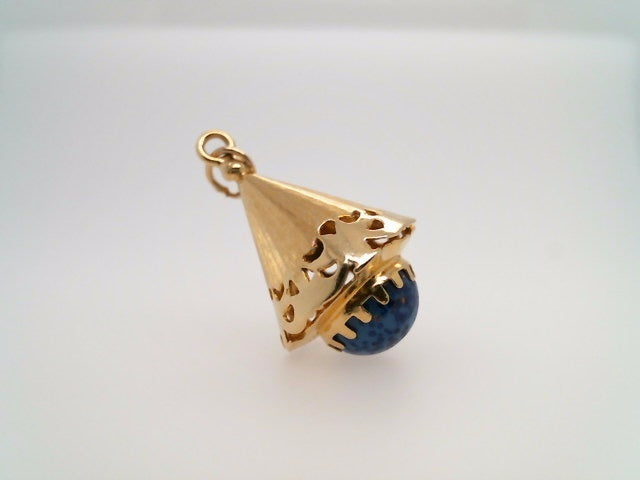 Vintage 18 Karat Yellow Gold Cone Shaped Charm/Pendant With Blue Glass Cabochon From Italy Circa 1960