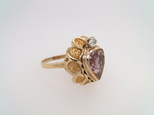Vintage 18 & 14 Karat Yellow Gold Heart Shaped Amethyst Ring With Diamond Accent