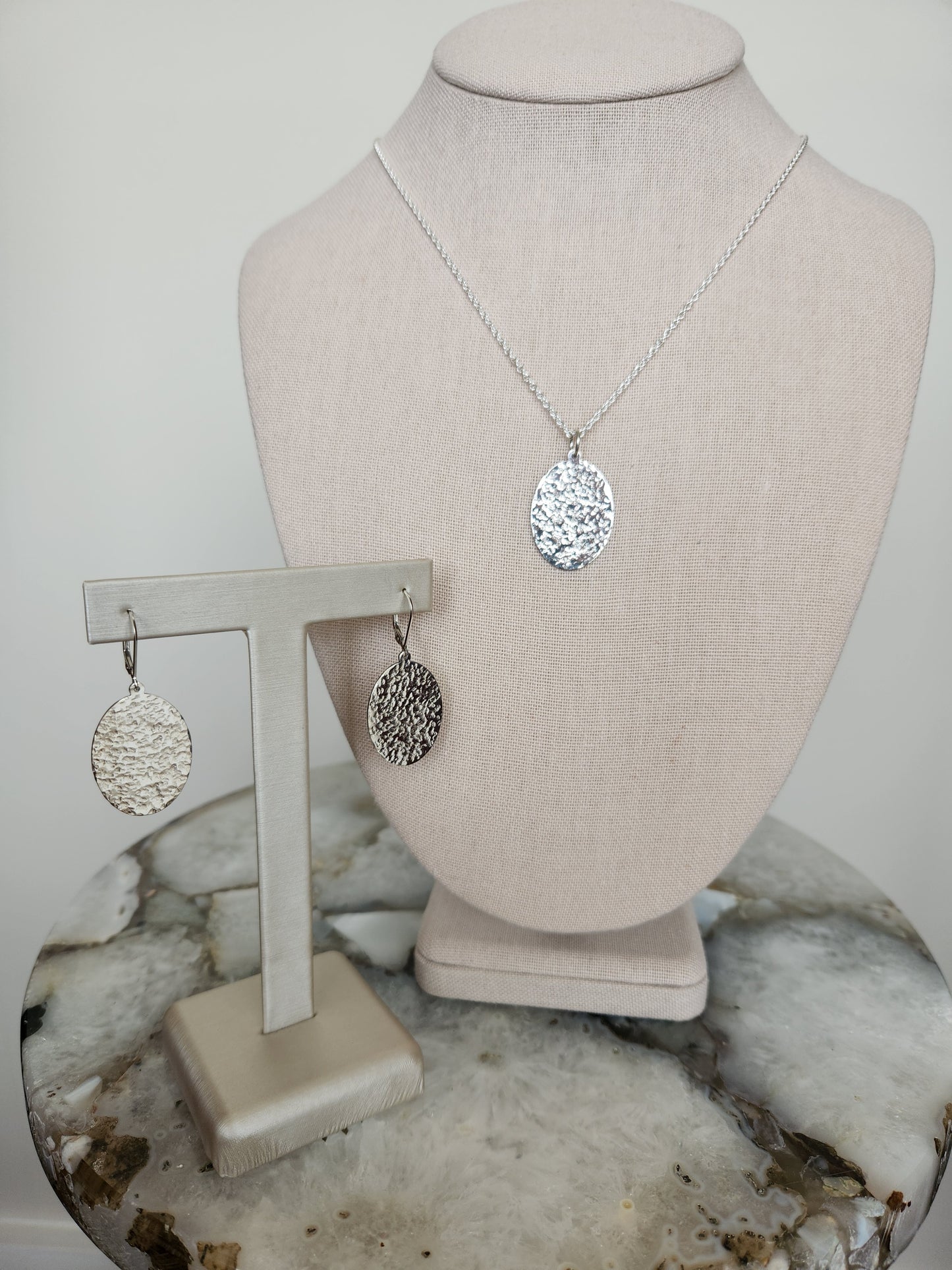 Sterling Silver Oval Pendant Necklace With Hammered Finish, 18"