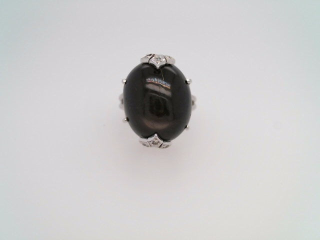 Vintage 14 Karat White Gold Cabochon Black Star Sapphire & Diamond Ring