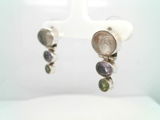 Vintage Sterling Silver Rutilated Quartz, Amethyst & Peridot Drop Stud Earrings