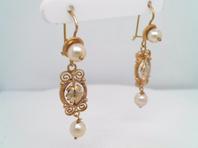 Vintage 14 Karat Yellow Gold Pearl Earrings With Leaves & Scroliing Filgree Design