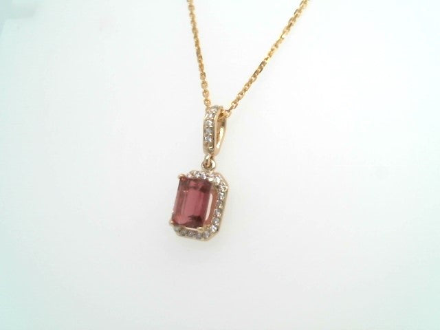 14 Karat Yellow Gold Emerald Cut Pink Tourmaline Pendant With Diamond Halo