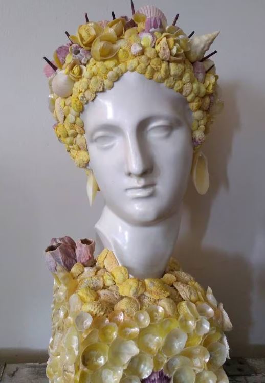 Shell Incrusted Bust Statue With Hand Picked Florida Sea Shells & Barn