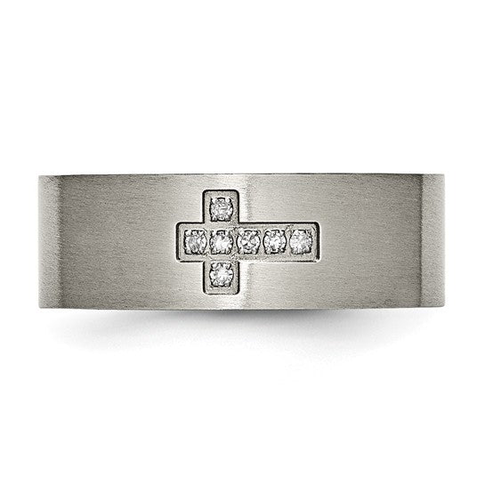 Titanium Brushed Diamond Cross 8 Mm Flat Band Size 10